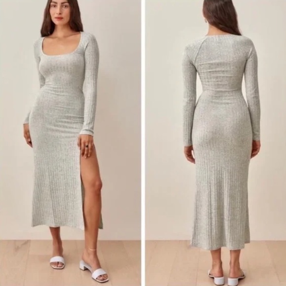 Reformation Lemon Long Sleeve Bodycon Gray Ribbed Knit Midi Dress Size XL NWT - Picture 1 of 11